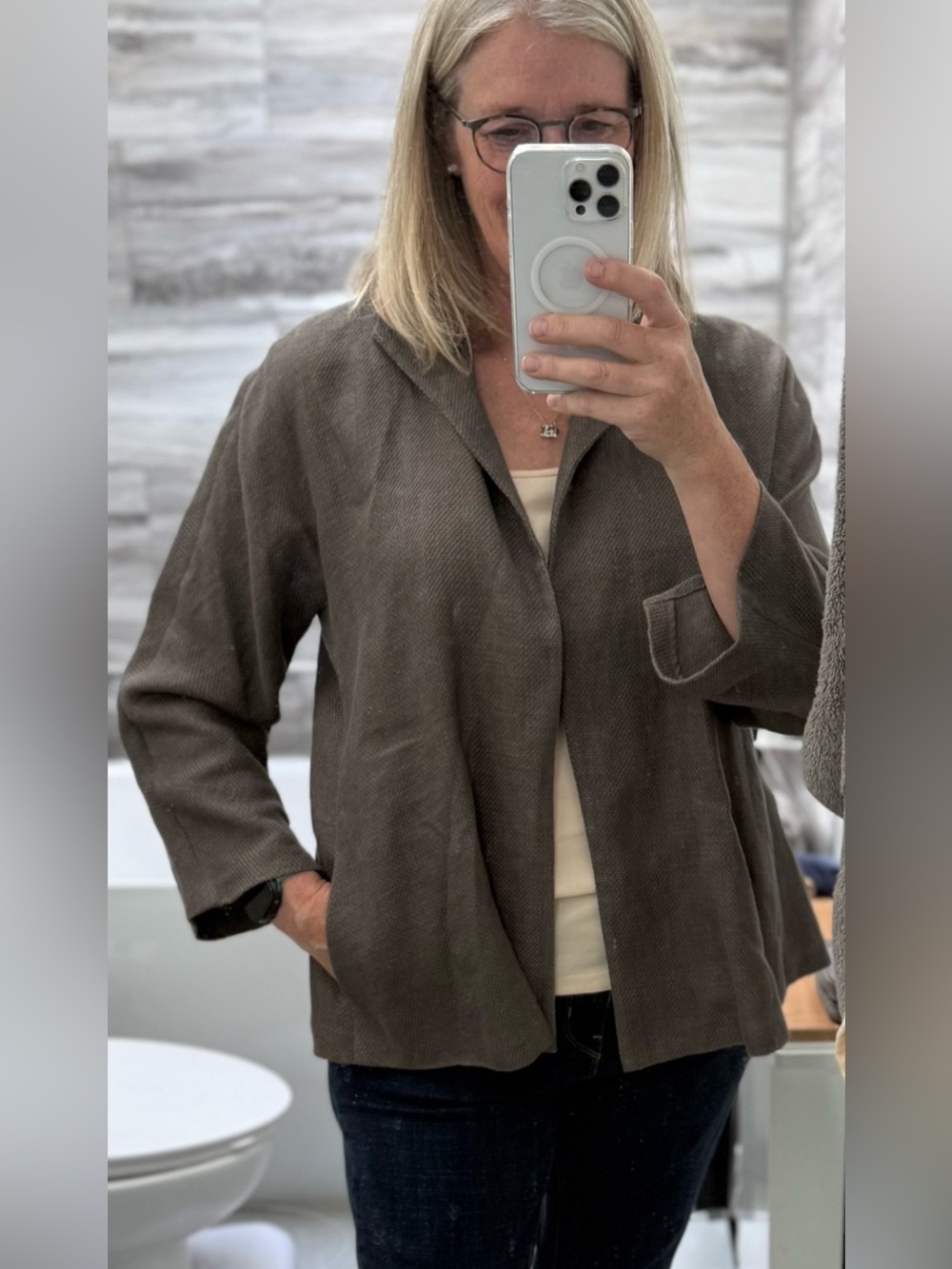 Vintage Eileen Fisher Open-Front Swing Jacket in Taupe